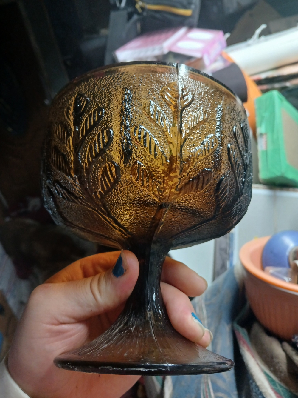 vintage 1975 FTD amber glass pedestal goblet